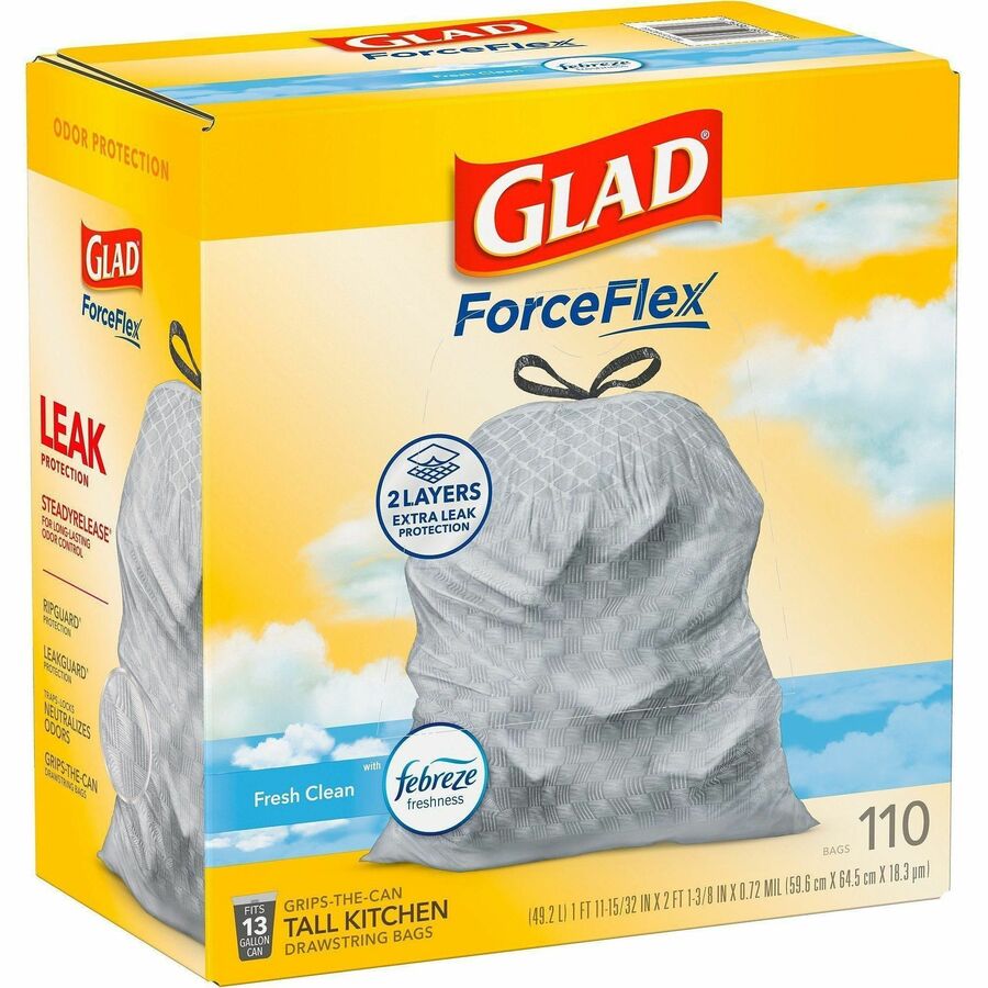 Glad OdorShield 13-gallon Trash Bags - Fresh Clean with Febreze Freshness - 13 gal Capacity10.19" Width x 15.56" Depth - Drawstring Closure - White - Garbage, Kitchen, Office, School, Multipurpose - 3 / Carton