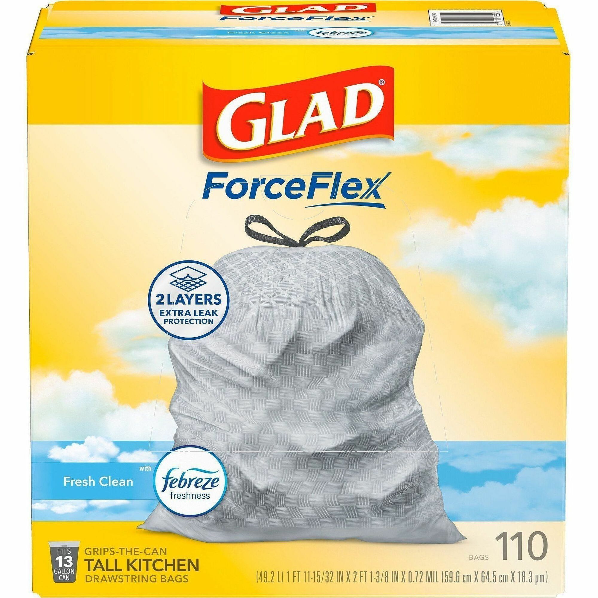 Glad OdorShield 13-gallon Trash Bags - Fresh Clean with Febreze Freshness - 13 gal Capacity10.19" Width x 15.56" Depth - Drawstring Closure - White - Garbage, Kitchen, Office, School, Multipurpose - 3 / Carton