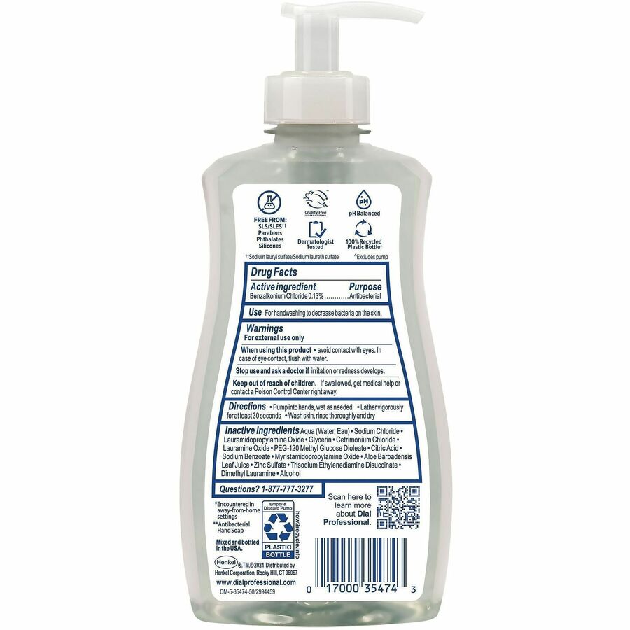 Dial Professional Scent-Free Sensitive Antibac. Hand Soap - Fragrance-free Scent - 11 fl oz - Pump Dispenser - Bacteria Remover - Hand, Skin - Antibacterial - Clear - Cruelty-free - 1 Each