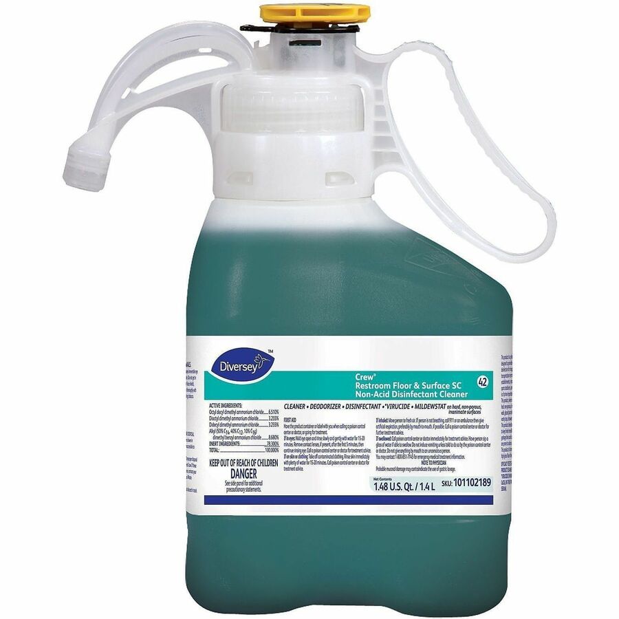 Diversey Crew Restroom Disinfectant Cleaner - For Multi Surface, Multipurpose - Concentrate - Liquid - 47.3 fl oz (1.5 quart) - 6 to 8 pH - Fresh Scent - Recommended For: Virus Remover, Odor Remover - Deodorize, Disinfectant, Rinse-free, Virucidal - Gr...
