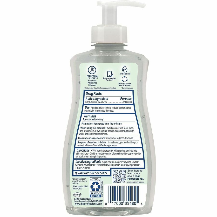 Dial Professional Hand Sanitizer Gel - Fragrance-free Scent - 11 fl oz - Pump Dispenser - Bacteria Remover - Hand - Moisturizing - Clear - Dye-free - 1 Each