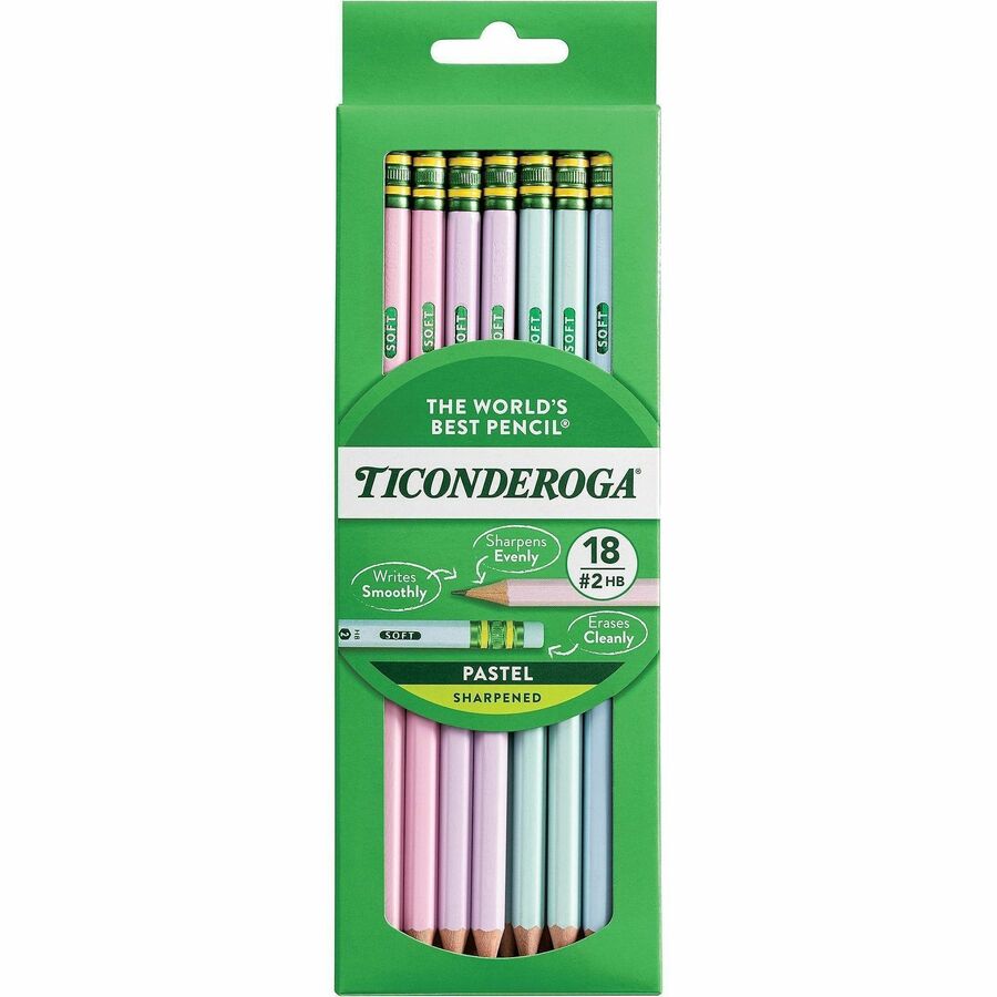 Ticonderoga Pastel Wood-Cased No. 2 Pencils - HB/#2 - Broad Point - Assorted Pastel Barrel - 18 / Pack