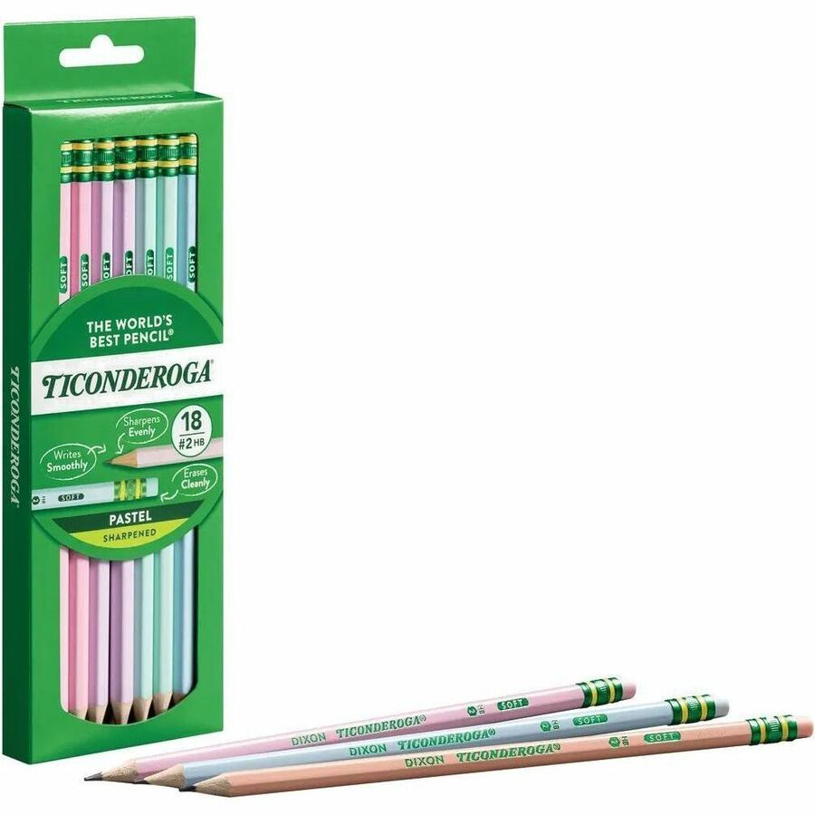 Ticonderoga Pastel Wood-Cased No. 2 Pencils - HB/#2 - Broad Point - Assorted Pastel Barrel - 18 / Pack