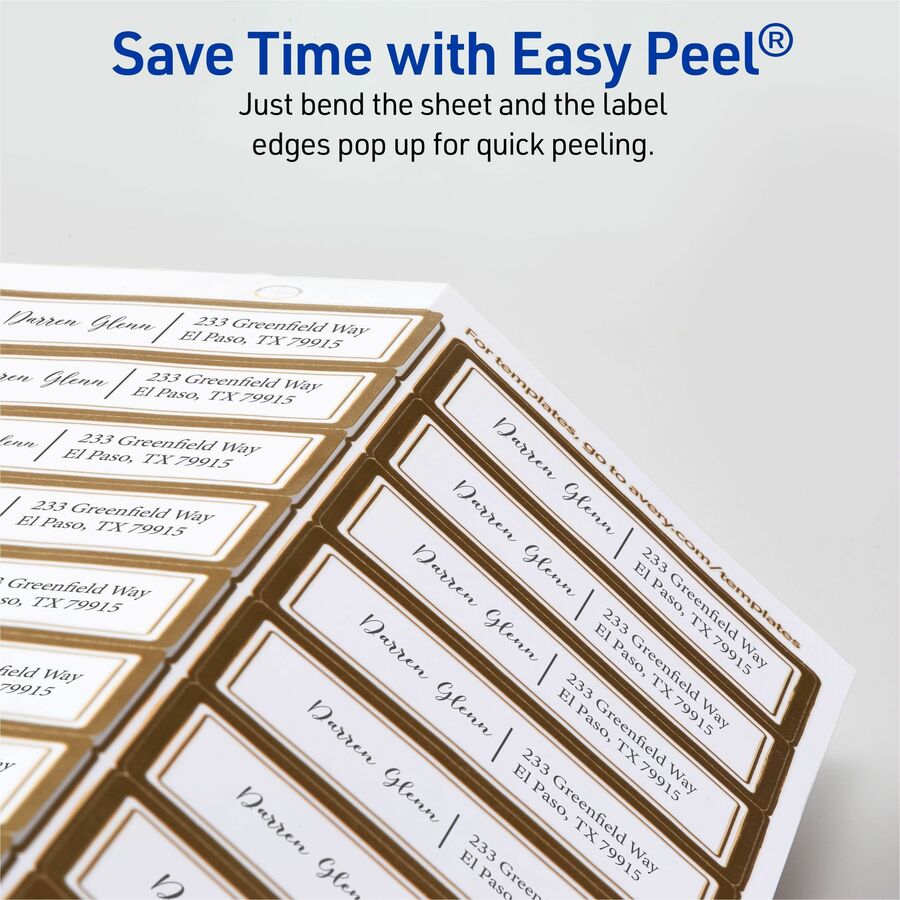 Avery Matte White Labels With Gold Borders - x 1" Width x 2 5/8" Length - Permanent Adhesive - Inkjet, Laser - Matte White - Metallic Gold Border - Reflective, Smudge-free - For Label Printer - 300 / Pack