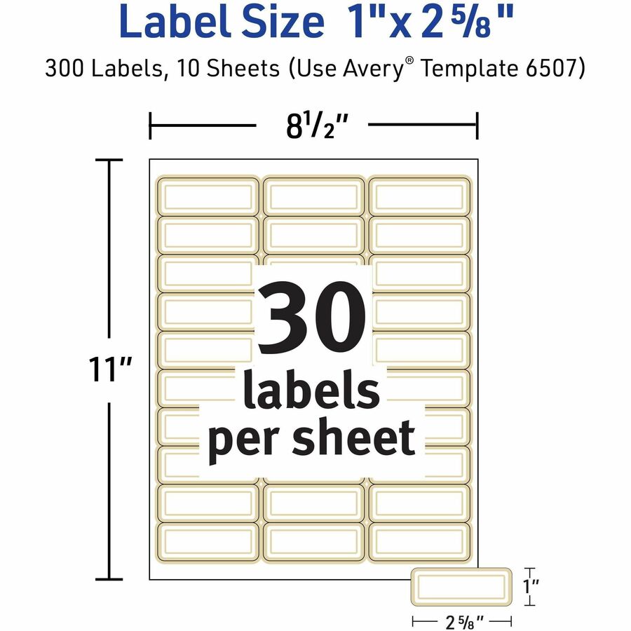 Avery Matte White Labels With Gold Borders - x 1" Width x 2 5/8" Length - Permanent Adhesive - Inkjet, Laser - Matte White - Metallic Gold Border - Reflective, Smudge-free - For Label Printer - 300 / Pack