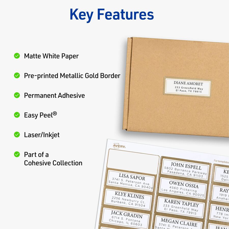 Avery Matte White Labels With Gold Borders - x 1" Width x 2 5/8" Length - Permanent Adhesive - Inkjet, Laser - Matte White - Metallic Gold Border - Reflective, Smudge-free - For Label Printer - 300 / Pack