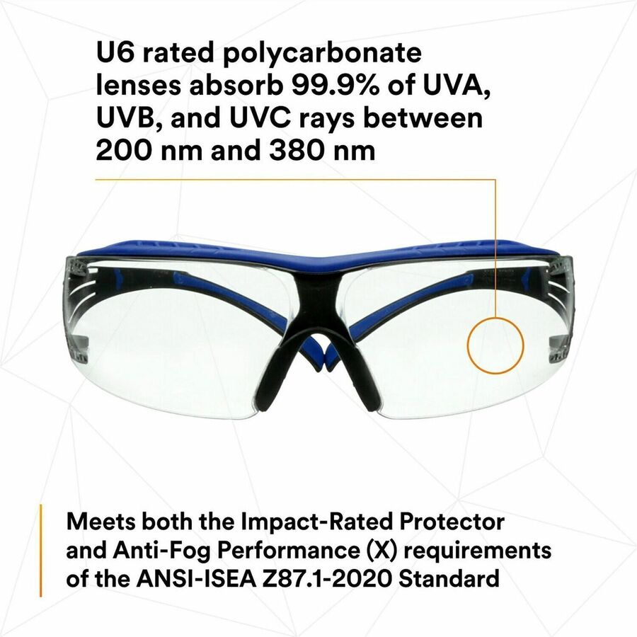 3M SecureFit Protective Eyewear - Eye, Fog, Impact, UVA, UVB, Debris, UVC Protection - Polycarbonate - Blue, Gray - Clear Lens - Anti-fog, Impact Resistant, Self Adjustable, Snug Fit, Removable, Comfortable