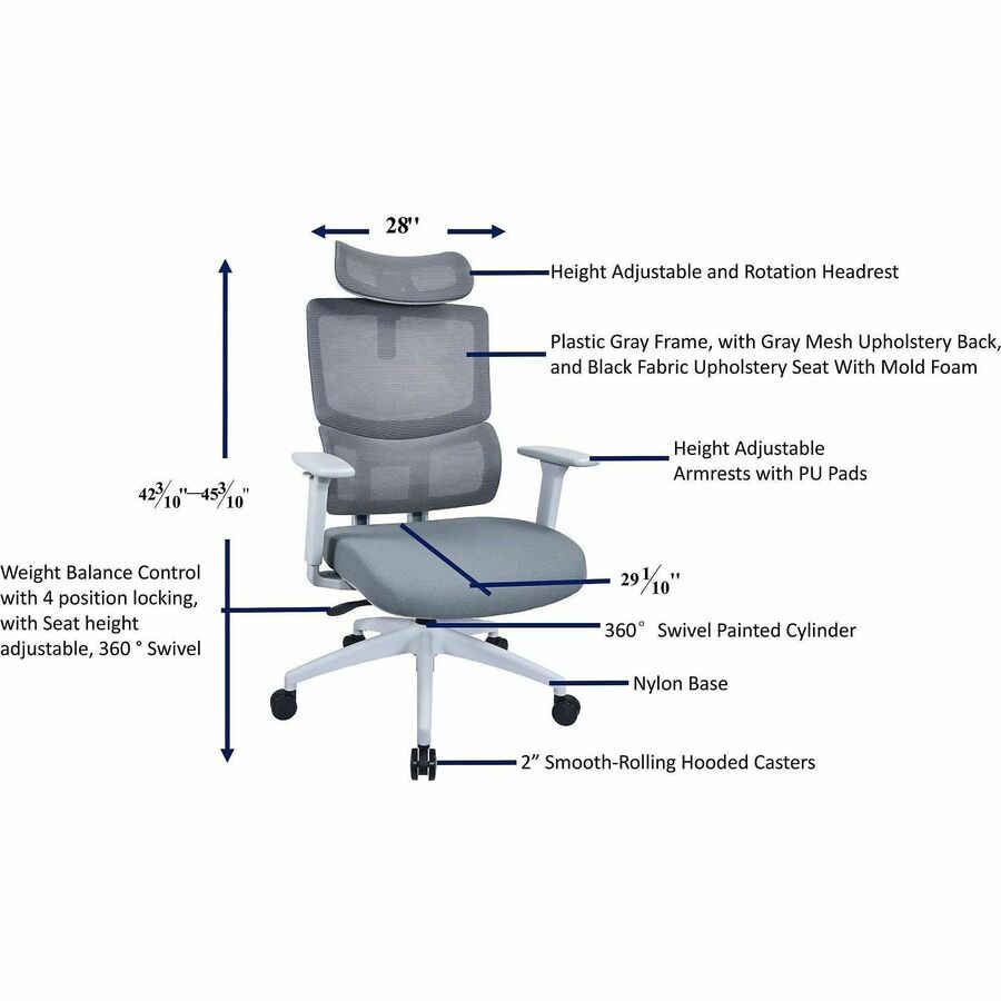 Lorell Ripley High Mesh-Back Chair with Articulating Lumbar Support - High Back - Gray - Fabric, Mesh - 1 Each