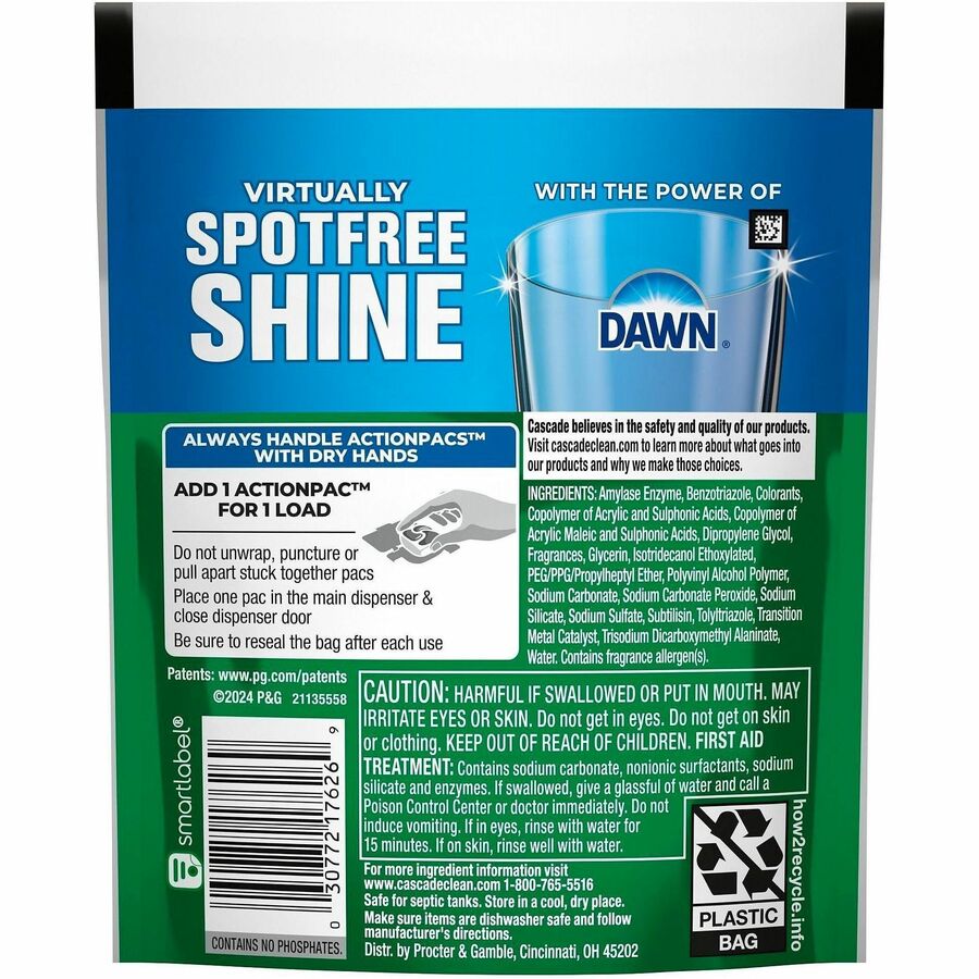 Cascade Professional Complete ActionPacs - Fresh Scent - For Dishwasher - Powder - Fresh Scent - Recommended For: Residue Remover, Grease Remover, Food Remover, Grime Remover, Baked-on Food Remover, Spot Remover - Phosphate-free - Green - 30 / Carton