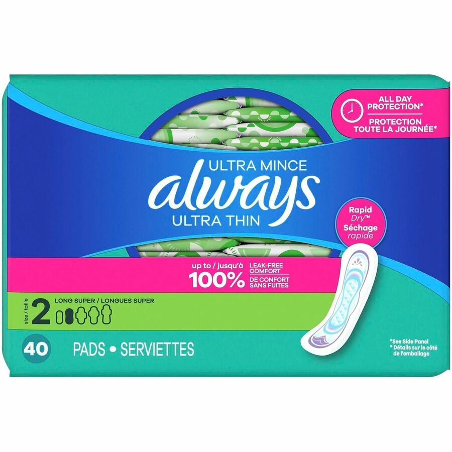 Always Ultra Thin Size 2 Long Super Pads With Wings, Unscented - Size 2 - With Wings - Super - Unscented, Absorbent, Anti-leak, Odor-absorbing, Comfortable - 40 / Pack