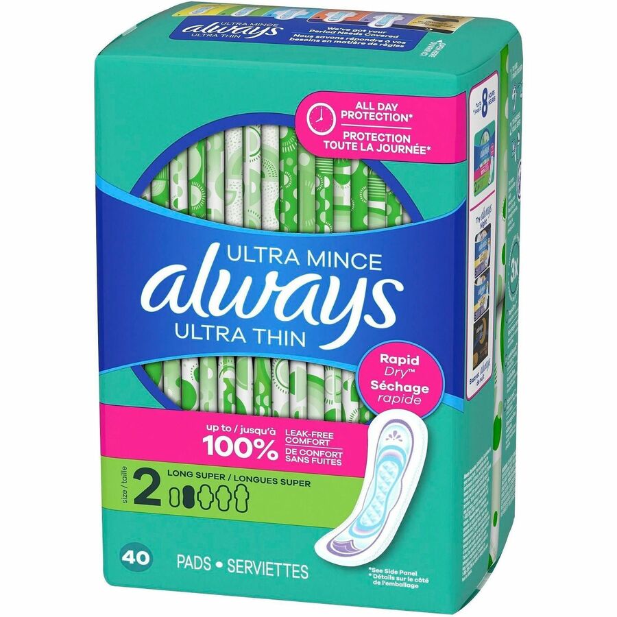Always Ultra Thin Size 2 Long Super Pads With Wings, Unscented - Size 2 - With Wings - Super - Unscented, Absorbent, Anti-leak, Odor-absorbing, Comfortable - 40 / Pack