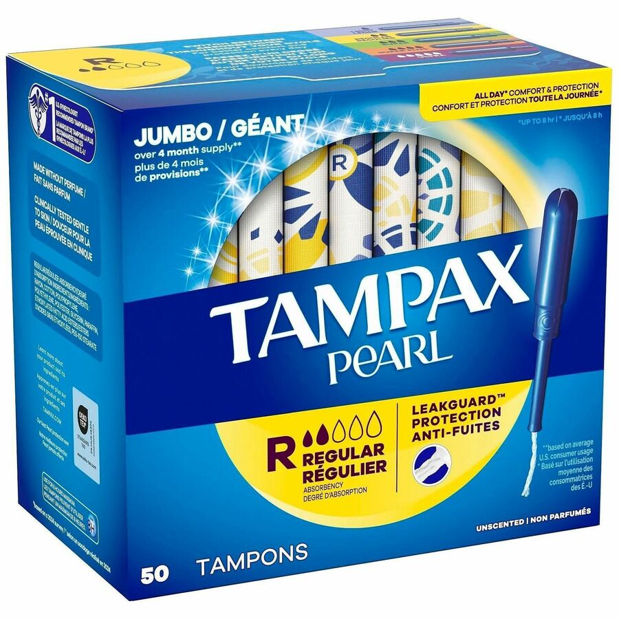 Tampax Pearl Regular Tampons - Regular - Plastic Applicator - Anti-leak, Comfortable, Anti-slip, Odor-free, Unscented, Absorbent - 50 / Box