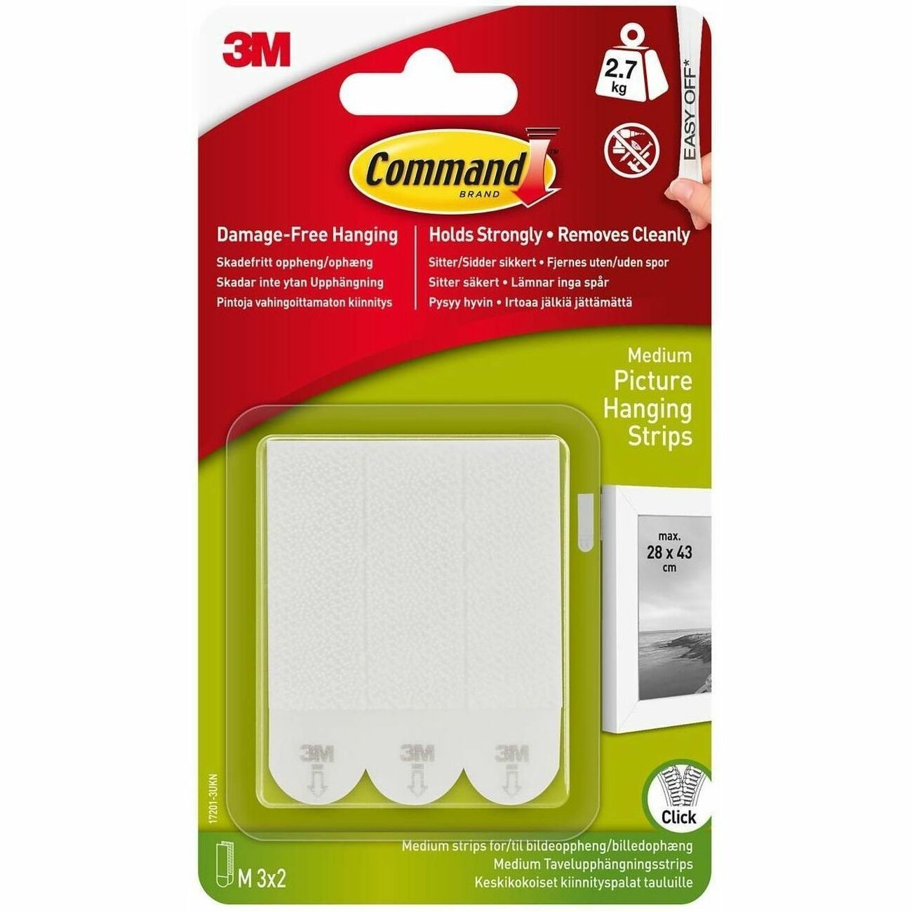 Command Medium Adhesive Picture Hanging Strips - 6 lb (2.72 kg) Capacity - 0.7" Width x 2.8" Length - Adhesive - Medium - for Pictures, Decoration, Painted Surface, Wood, Tile, Poster, Frame - White - 50 / Carton