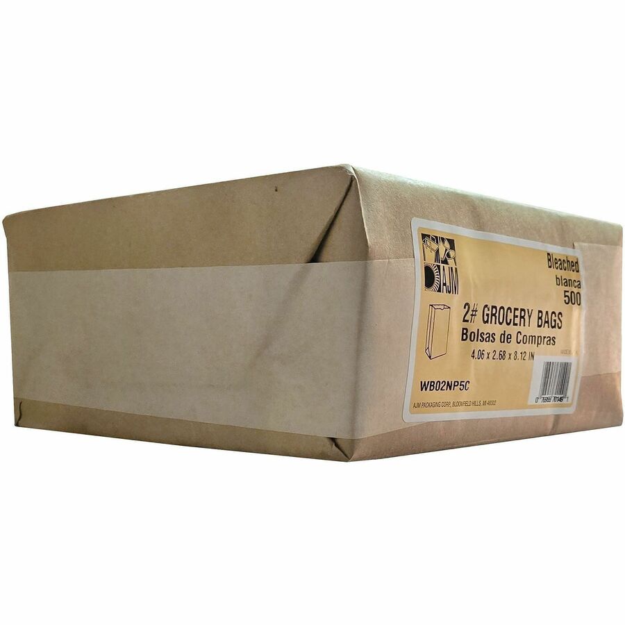 AJM Paper Grocery Bags - Bleached Kraft - Paper - Grocery, Supplies - Recycled - 500 / Carton