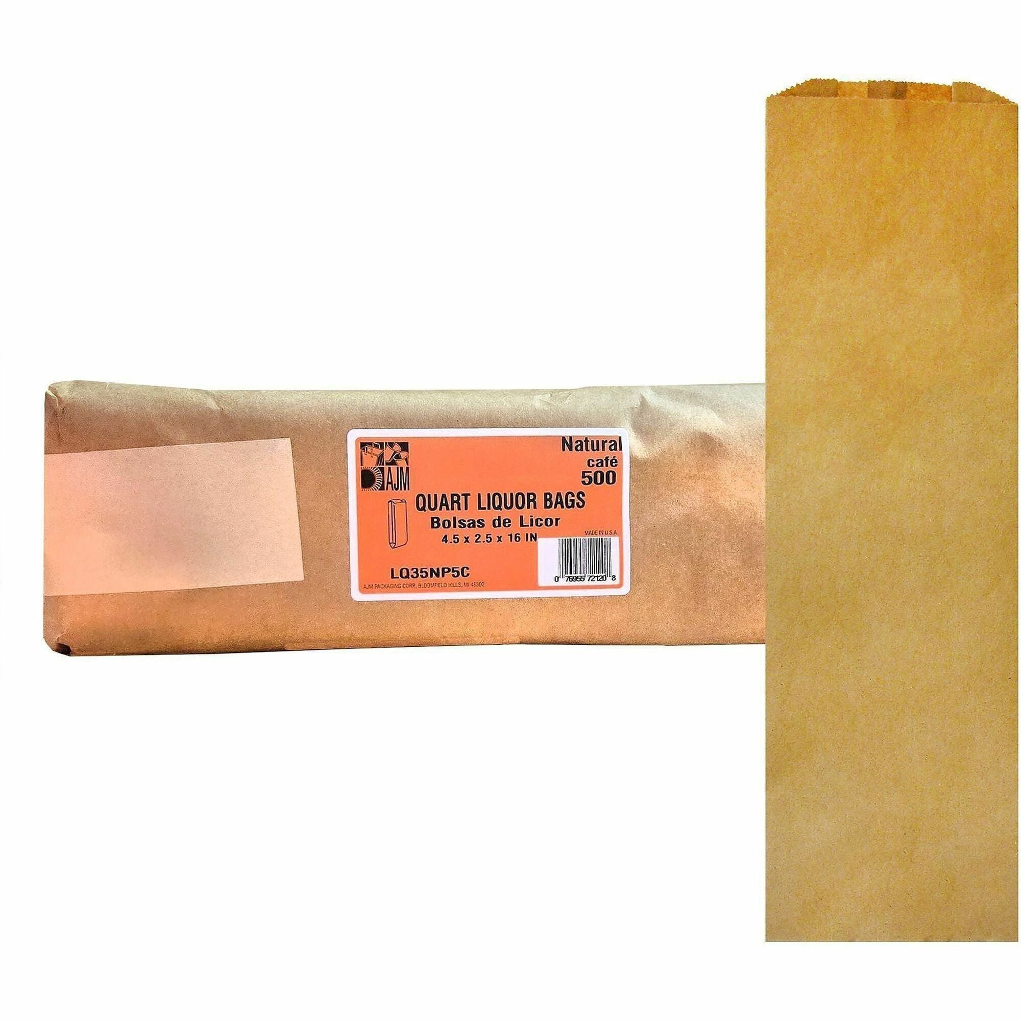 AJM Pint-Size Liquor Bags - Natural Kraft - Paper - Bottle, Supplies - Recycled - 500 / Carton
