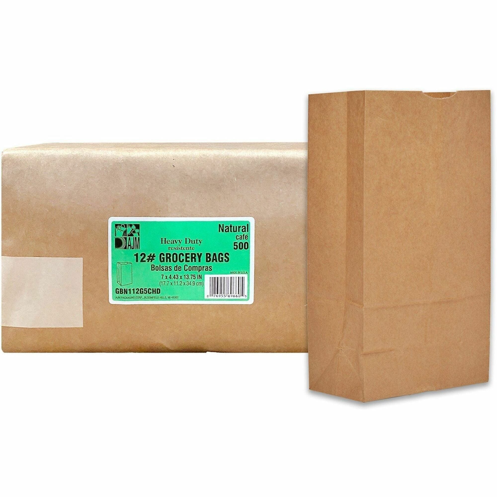 AJM Squat Paper Grocery Bags - Natural Kraft - Paper - Grocery, Supplies - 500 / Carton