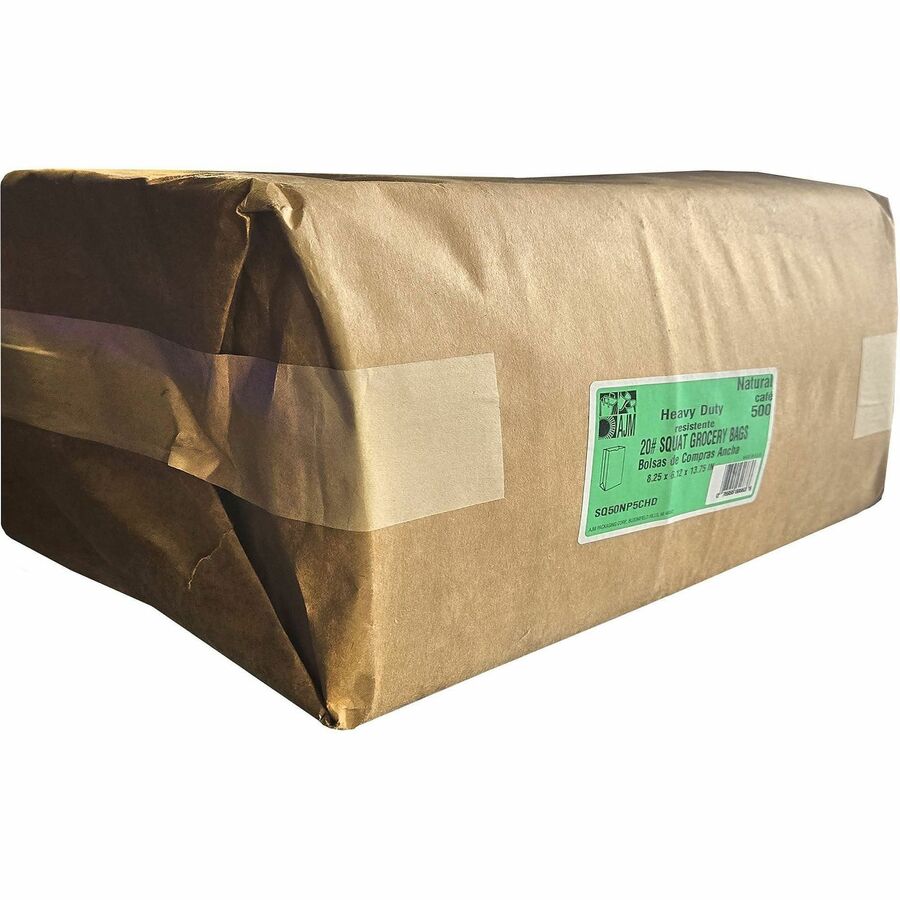 AJM Squat Grocery Bags - Natural Kraft - Paper - Grocery, Supplies - 500 / Carton