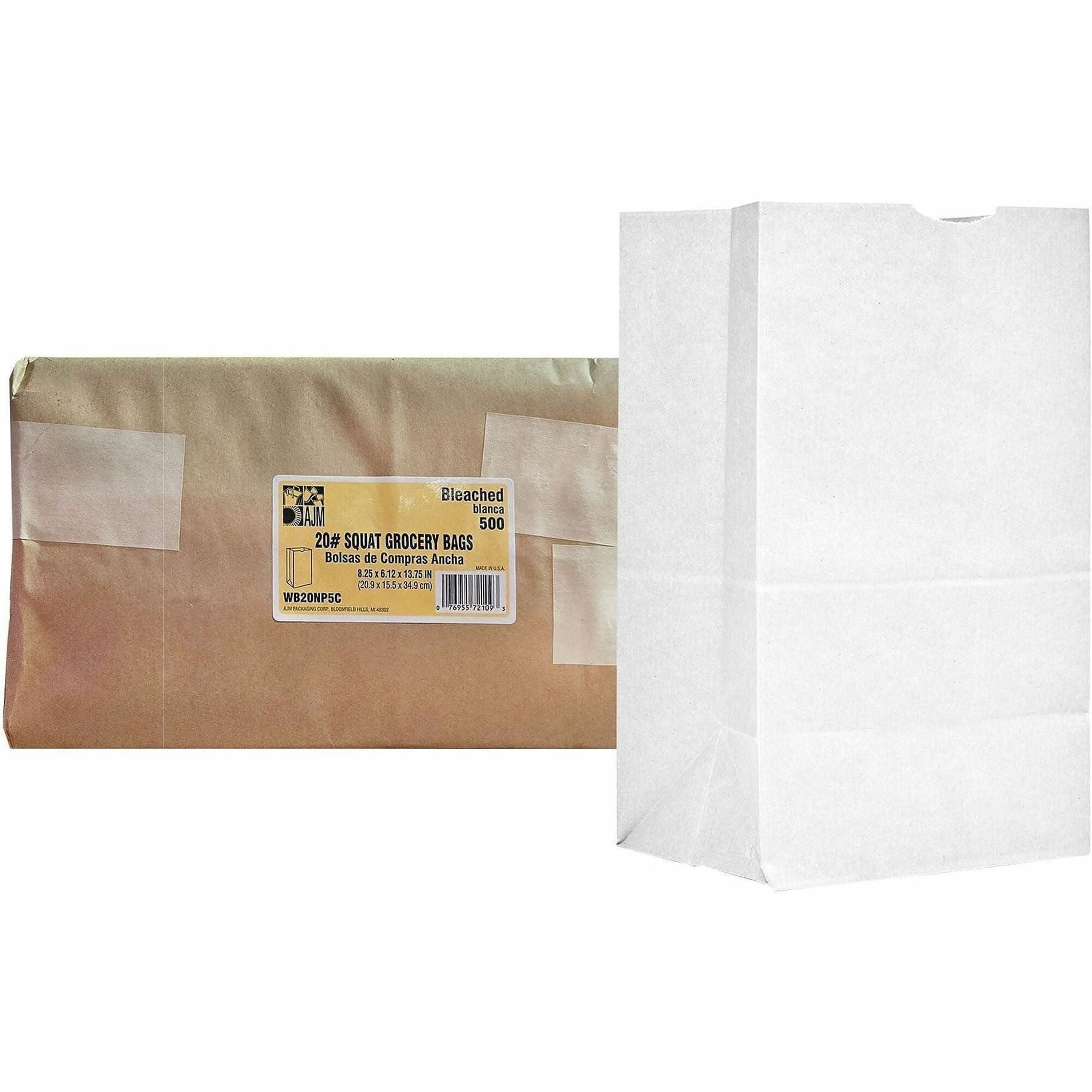 AJM Paper Grocery Bags - Bleached Kraft - Paper - Grocery, Supplies - Recycled - 500 / Carton