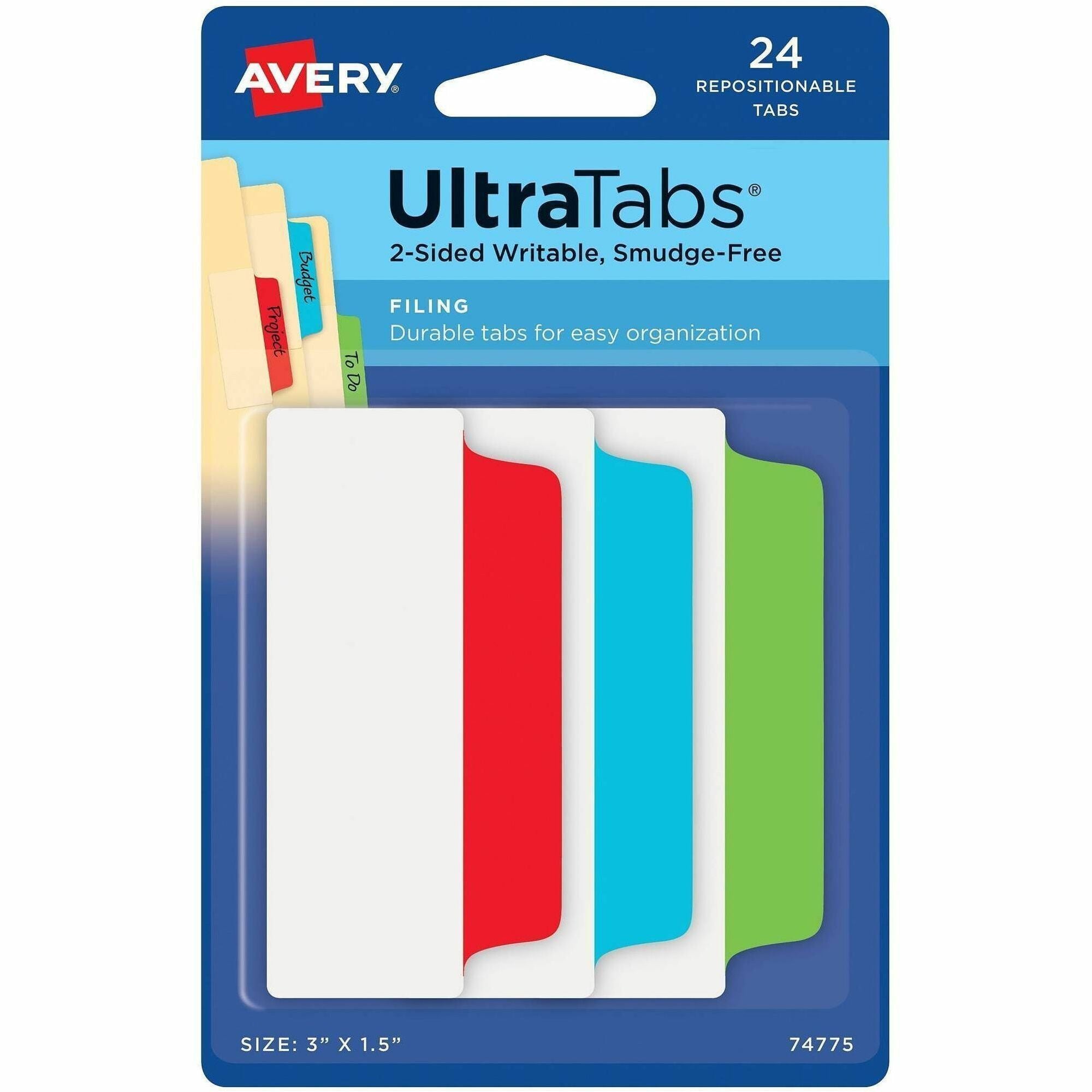 Avery&reg; UltraTabs Filing Tabs - Write-on Assorted Tab(s) - 1/3 - 24 Tab(s)/Set - 15" Tab Height x 3" Tab Width - Removable - Multicolor Tab(s) - Writable, Double-sided, Durable, Smudge-free, Repositionable - 24 / Set