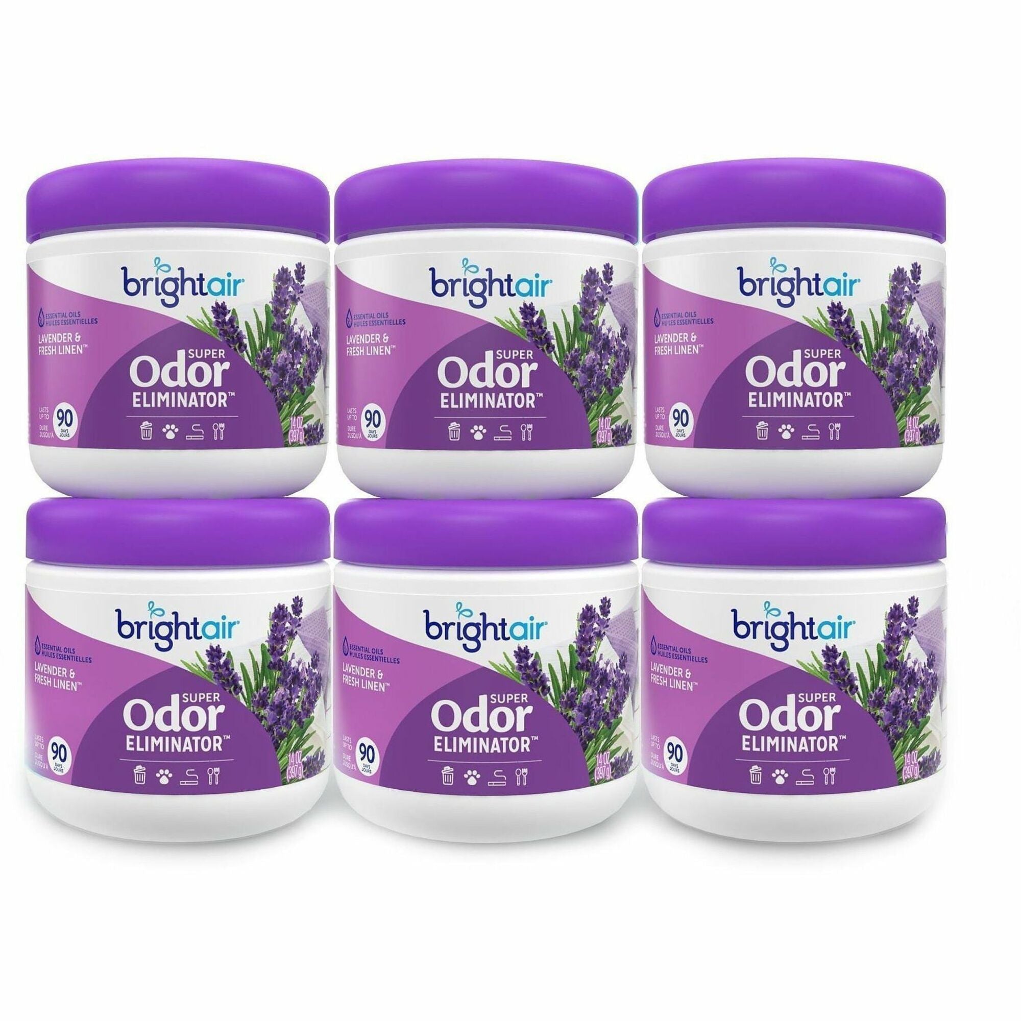 Bright Air Super Odor Eliminator Air Freshener - Gel - 14 fl oz (0.4 quart) - Lavender, Fresh Linen - 90 Day - Odor Neutralizer, Phthalate-free, Triclosan-free, BHT Free, Cruelty-free - 6 / Carton