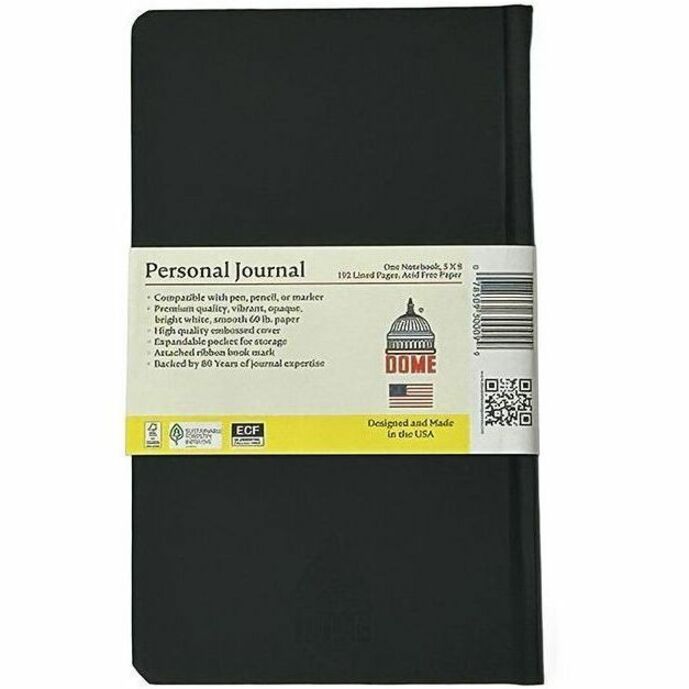 Dome Personal Journal - 5 x 8 Inch Hardcover Black Lined Journal Notebook - 192 Pages - 60 lb Basis Weight - 5" x 8" Sheet Size - Bright White Paper - Black Cover - Acid-free Paper, Bleed Resistant, Expandable Pocket, Durable, Hard Cover, Ribbon Marker...