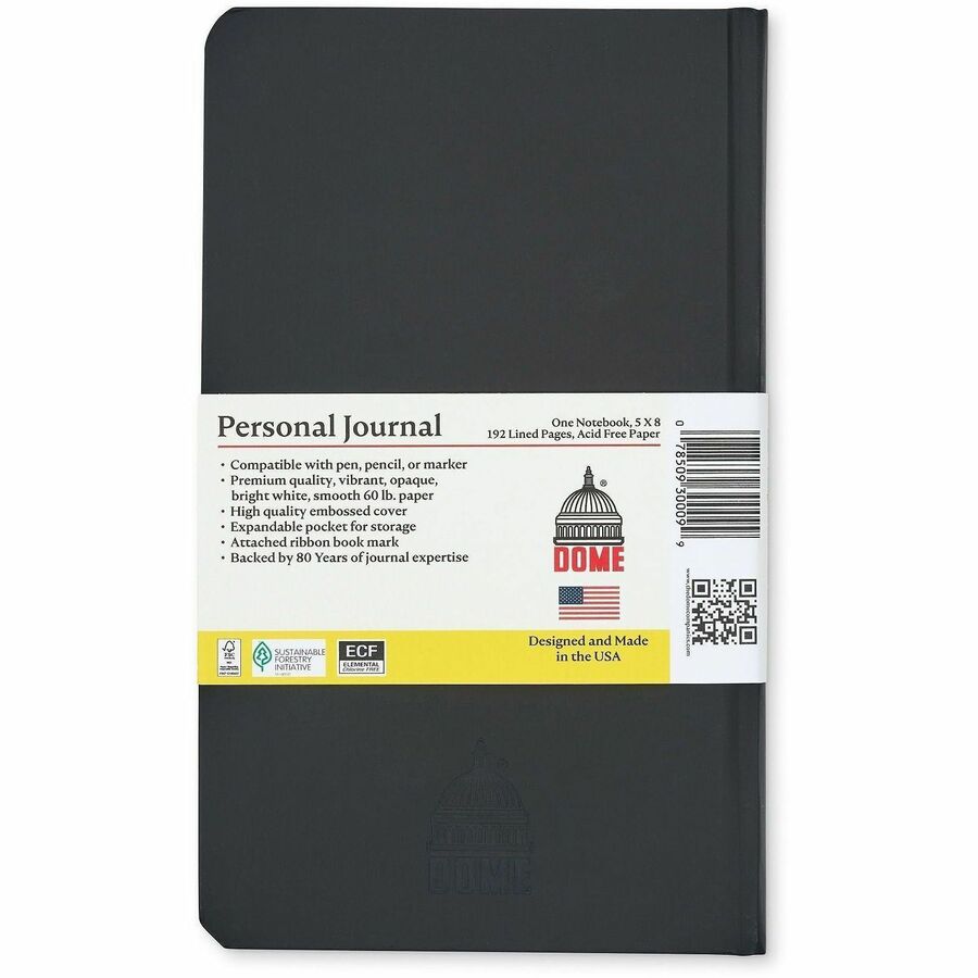 Dome Personal Journal - 5 x 8 Inch Hardcover Black Lined Journal Notebook - 192 Pages - 60 lb Basis Weight - 5" x 8" Sheet Size - Bright White Paper - Black Cover - Acid-free Paper, Bleed Resistant, Expandable Pocket, Durable, Hard Cover, Ribbon Marker...