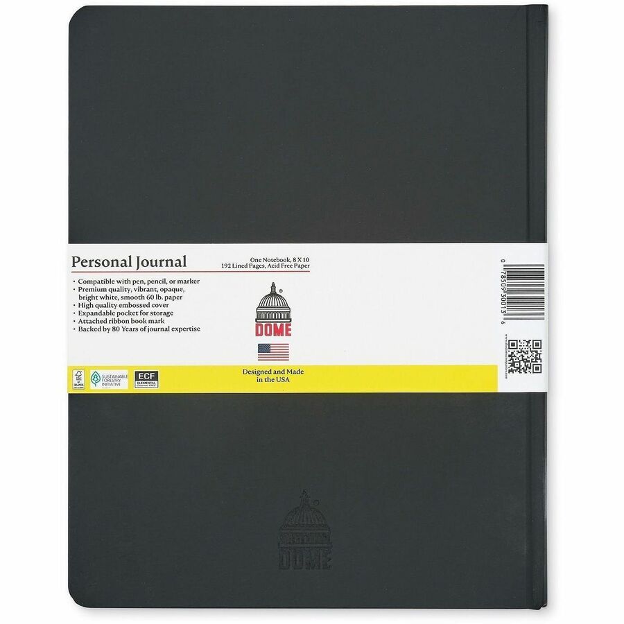 Dome Personal Journal - 8 x 10 Inch Hardcover Black Lined Journal Notebook - 192 Pages - 60 lb Basis Weight - 8" x 10" Sheet Size - Bright White Paper - Black Cover - Acid-free Paper, Pocket, Bleed Resistant, Expandable Pocket, Eco-friendly, Durable, H...