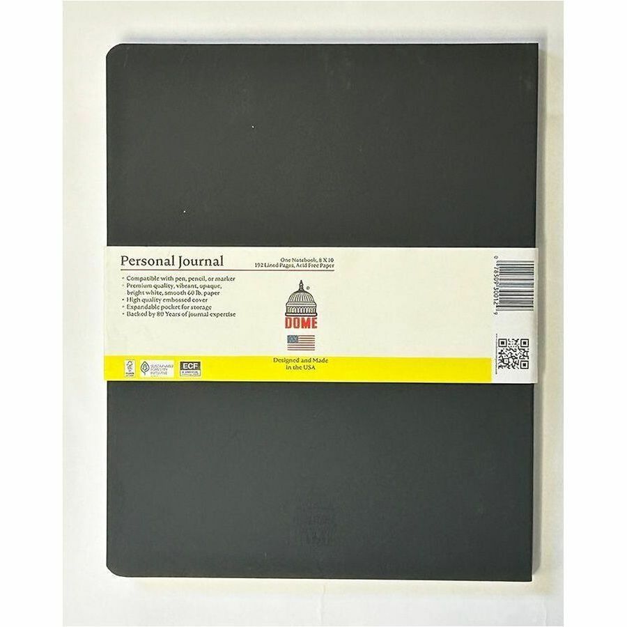 Dome Personal Journal - 8�10 Inch Softcover Black Lined Journal Notebook - 192 Pages - 60 lb Basis Weight - 8" x 10" Sheet Size - Bright White Paper - Soft Cover, Acid-free Paper, Pocket, Compact, Flexible Cover, Lightweight, Bleed Resistant, Expandabl...