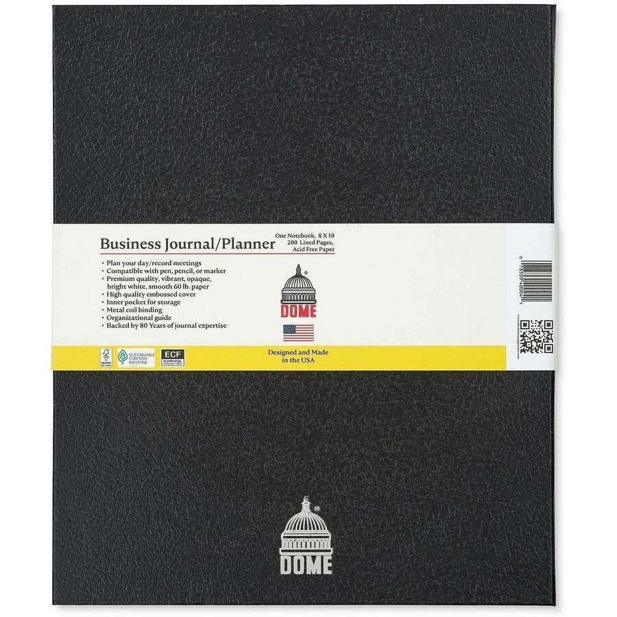 Dome Business Journal - 8 x 10 Inch Hardcover Professional Planner Notebook - Business - 8" x 10" Sheet Size - Bright White Sheet - Black Cover - Acid-free, Pocket, Bleed Resistant, Expandable Inner Pocket, Eco-friendly, Durable Cover, Hard Cover, Buil...