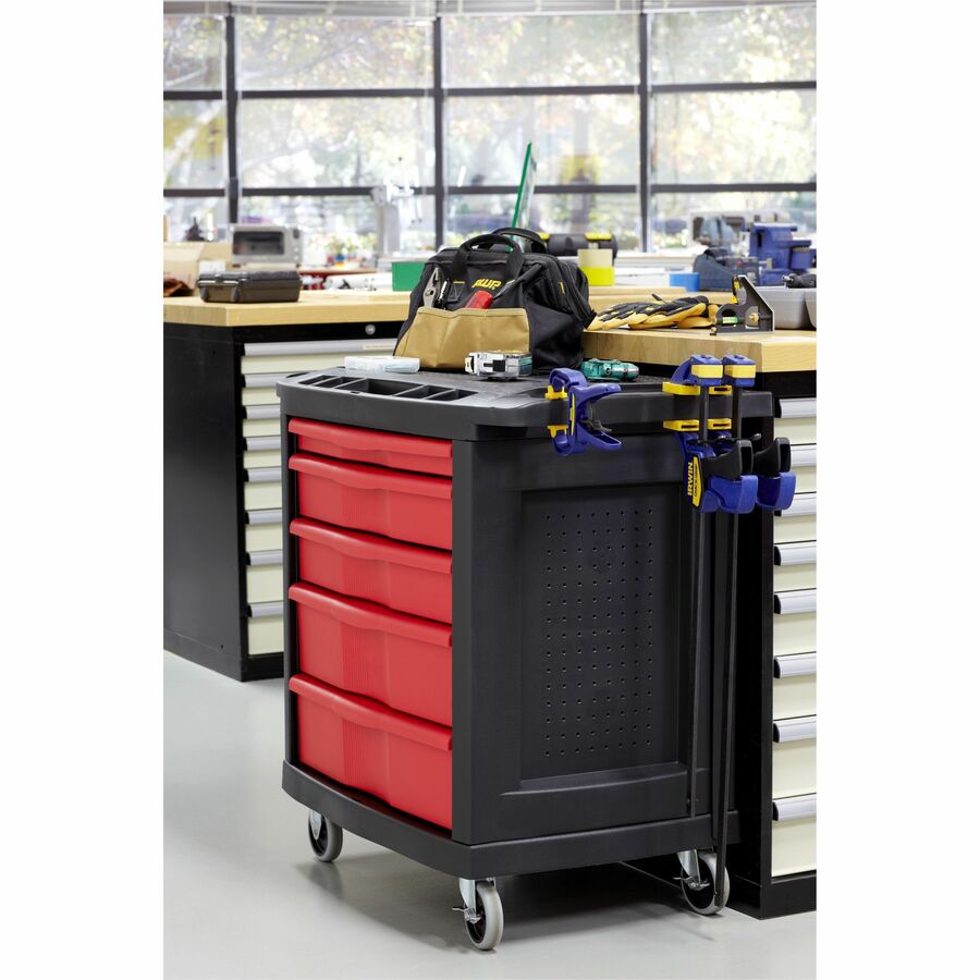Rubbermaid Commercial 5 Drawer Mobile Work Center, Black - 5 Drawer - 250 lb Load Capacity - 4 Casters - 4" Caster Size - 32.63" Length x 19.90" Width x 33.50" Height - Black, Red - 1 Each