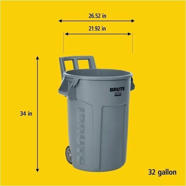 Rubbermaid Commercial Vented Wheeled BRUTE Container, 32 Gal Gray - 32 gal Capacity - For Commercial - Vented, Wheels, UV Resistant, Durable, Ergonomic Handle - 34" Height x 26.1" Width x 26.5" Depth - Resin - Gray - 1 Each