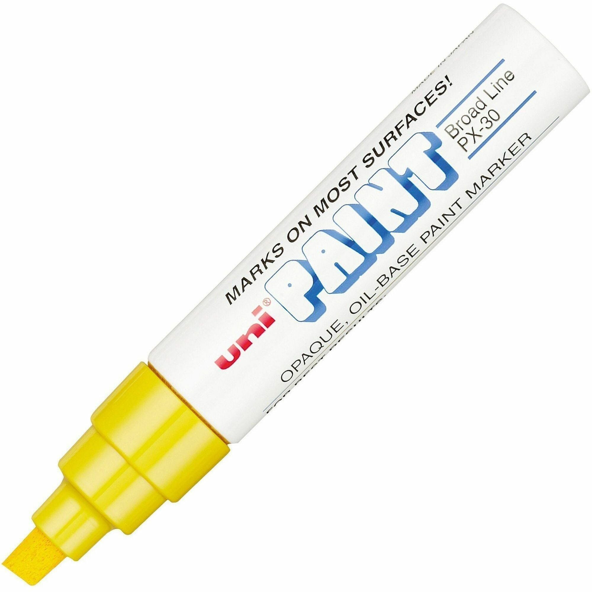 uniball PX-30 uni-Paint Broad-Line Markers - Broad, Bullet, 8 mm, Chisel Marker Point - Yellow Ink - Oil Based - White Metal, Aluminum Barrel - Acrylic Tip - Multipurpose - 1 Each