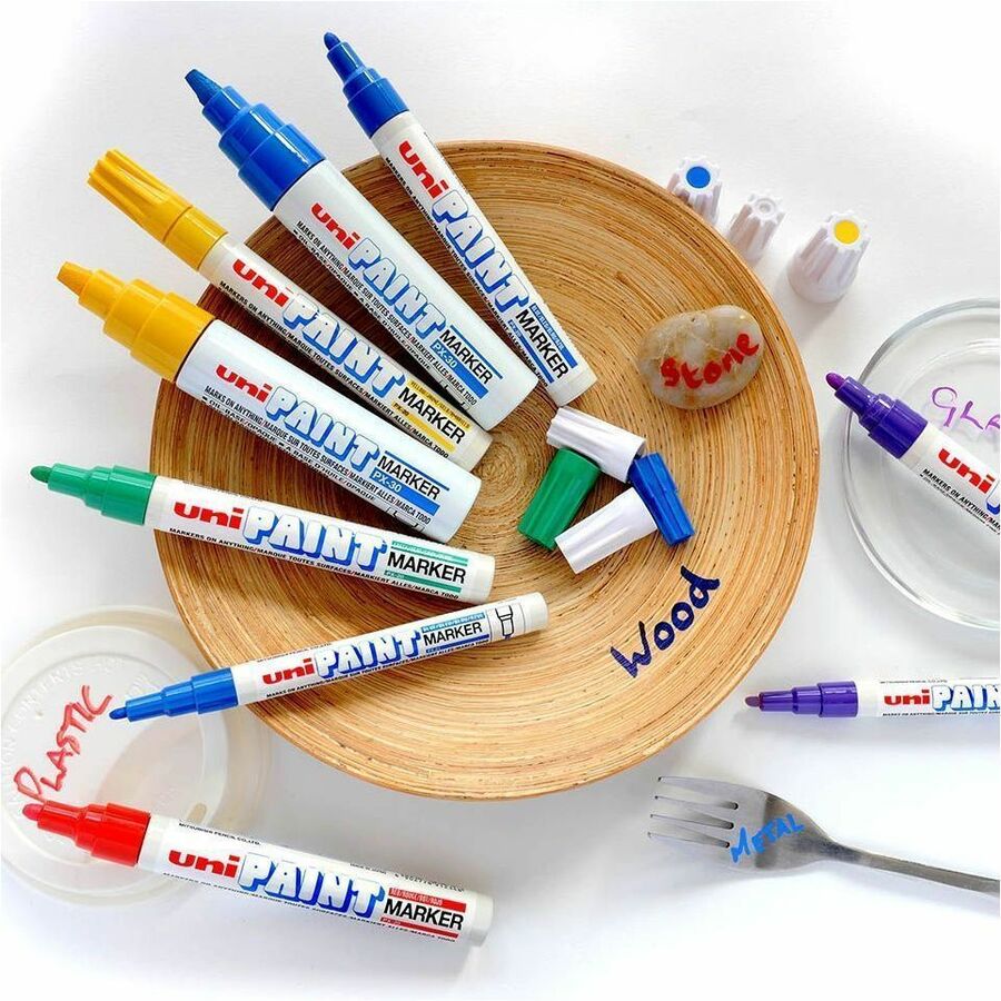 uni&reg; PX-30 uni-Paint Broad-Line Markers - Broad, Bullet, 8 mm, Chisel Marker Point - Blue Ink - Oil Based - White Metal, Aluminum Barrel - Acrylic Tip - Multipurpose - 1 Each