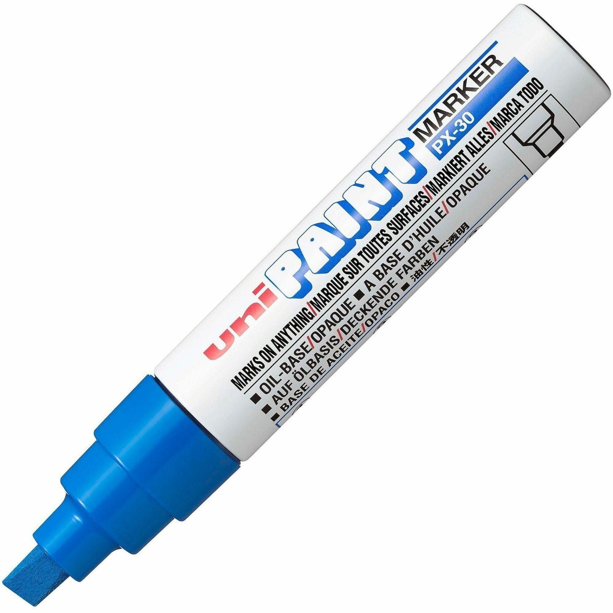 uni&reg; PX-30 uni-Paint Broad-Line Markers - Broad, Bullet, 8 mm, Chisel Marker Point - Blue Ink - Oil Based - White Metal, Aluminum Barrel - Acrylic Tip - Multipurpose - 1 Each