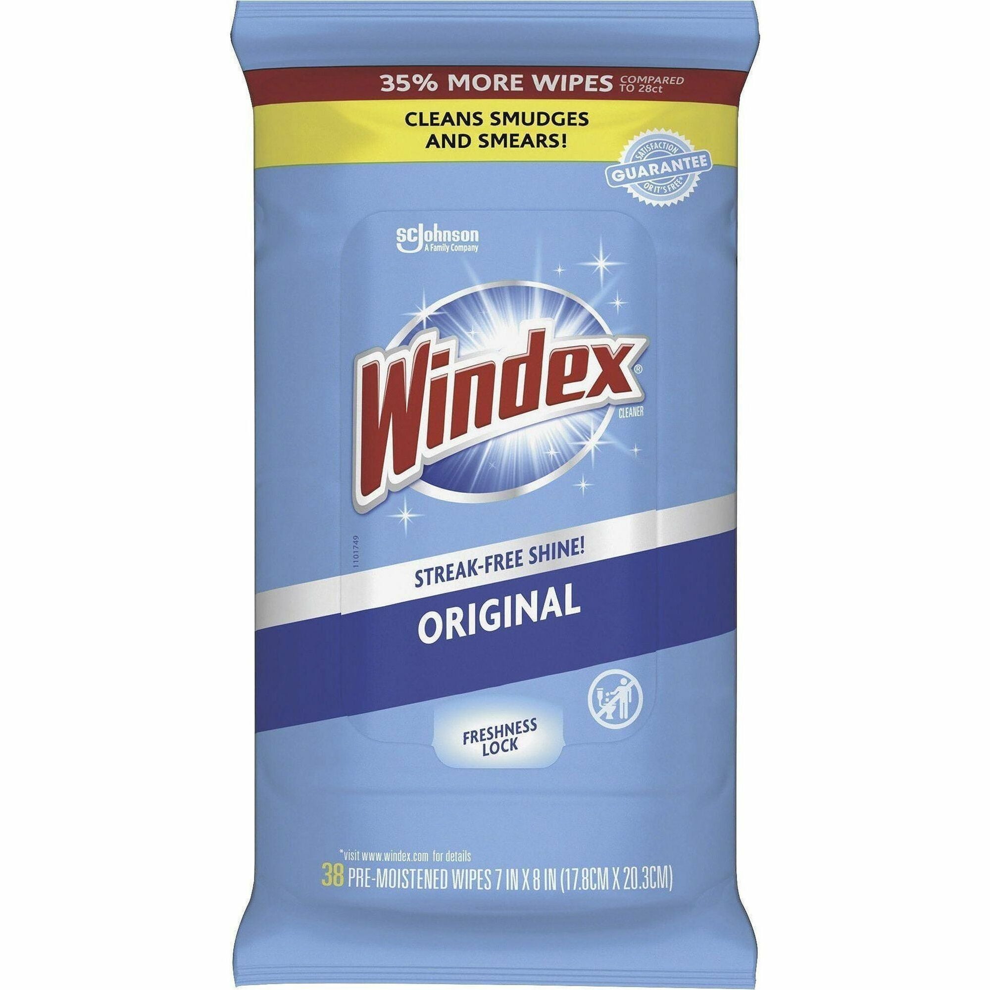 Windex&reg; Glass & Surface Wipes - Wipe - 9.70 oz (0.61 lb) - Recommended For: Smear Remover, Smudge Remover - Streak-free, Pre-moistened, Drip-free, Unscented - White - 38 / Pack