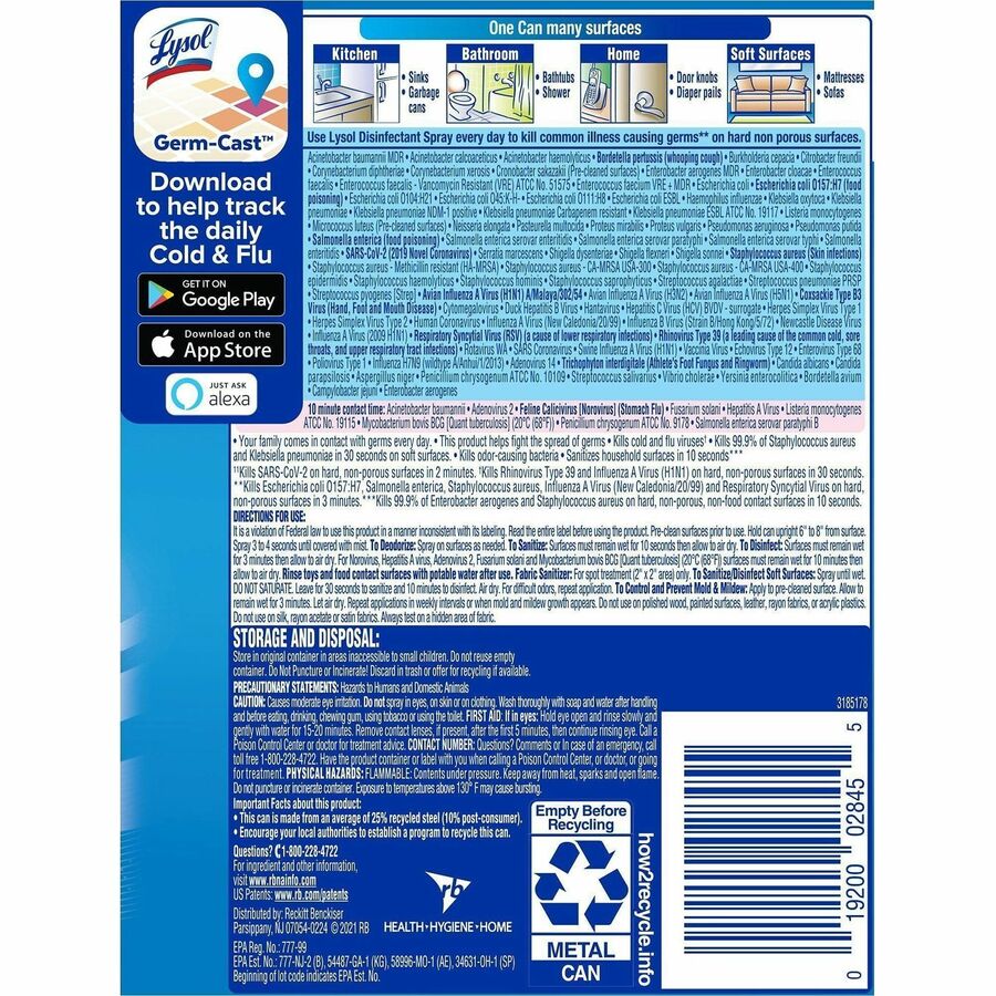 Lysol Disinfectant Spray - For Multipurpose, Multi Surface - Spray - 12.5 fl oz (0.4 quart) - Spring Waterfall Scent - Recommended For: Virus Remover, Bacteria Remover, Mold Remover, Mildew Remover, Odor Remover, Fungi Remover - Easy to Use - Clear - 1...