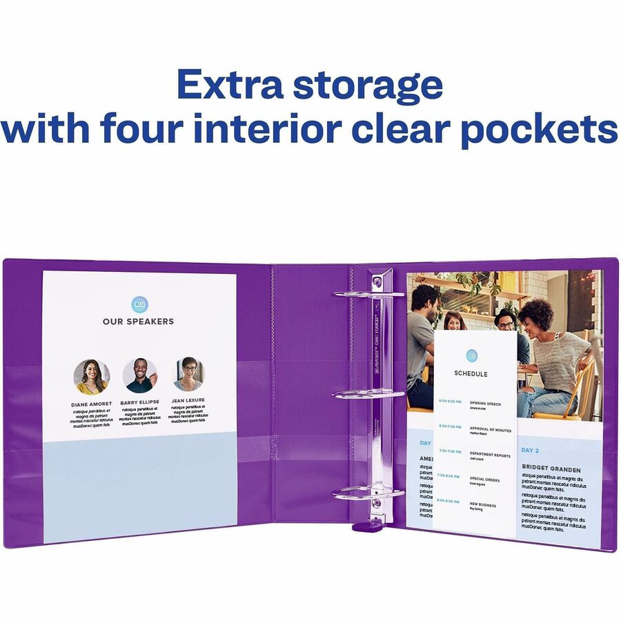 Avery&reg; One Touch Ring Heavy-Duty View Binder - 3" Binder Capacity - Letter - 8 1/2" x 11" Sheet Size - 670 Sheet Capacity - 3 1/2" Spine Width - 3 x 3" Ring(s) - Fastener(s): D-Ring - Pocket(s): 4, Internal - Linen pattern - Polypropylene - Purple ...