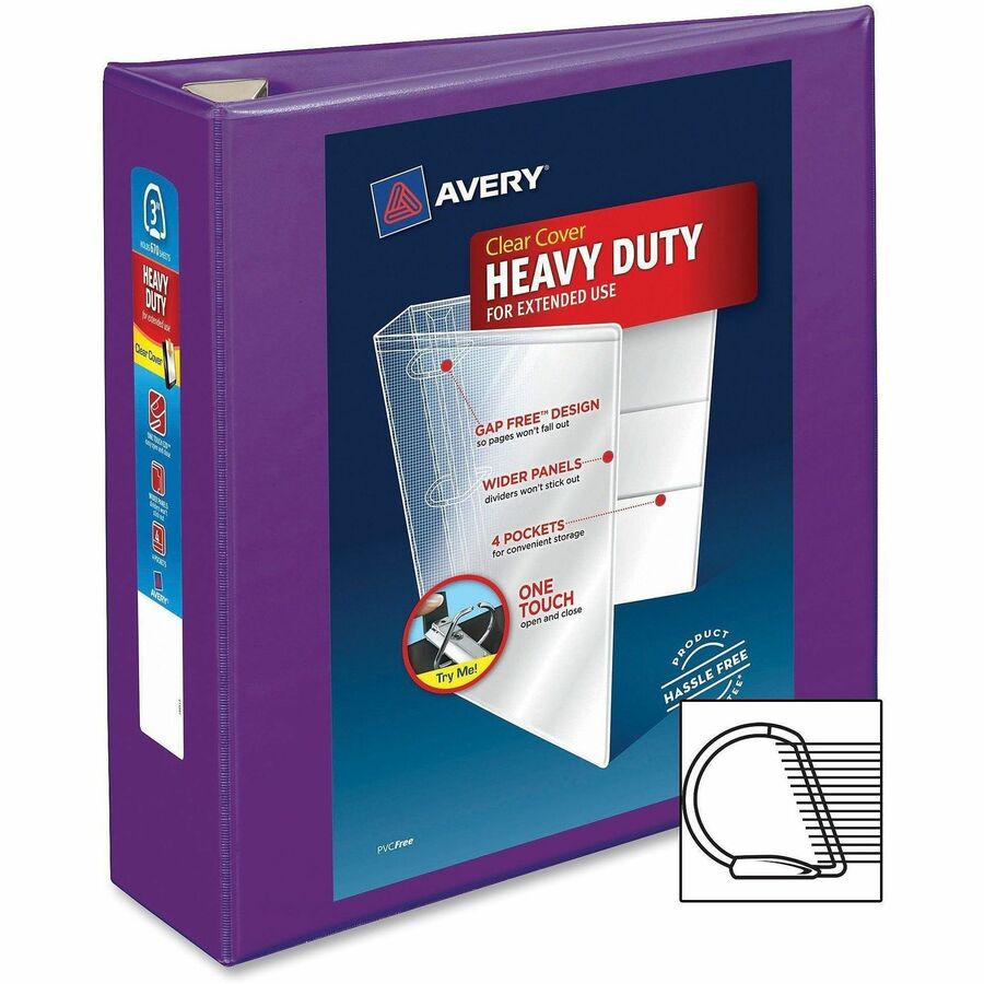 Avery&reg; One Touch Ring Heavy-Duty View Binder - 3" Binder Capacity - Letter - 8 1/2" x 11" Sheet Size - 670 Sheet Capacity - 3 1/2" Spine Width - 3 x 3" Ring(s) - Fastener(s): D-Ring - Pocket(s): 4, Internal - Linen pattern - Polypropylene - Purple ...