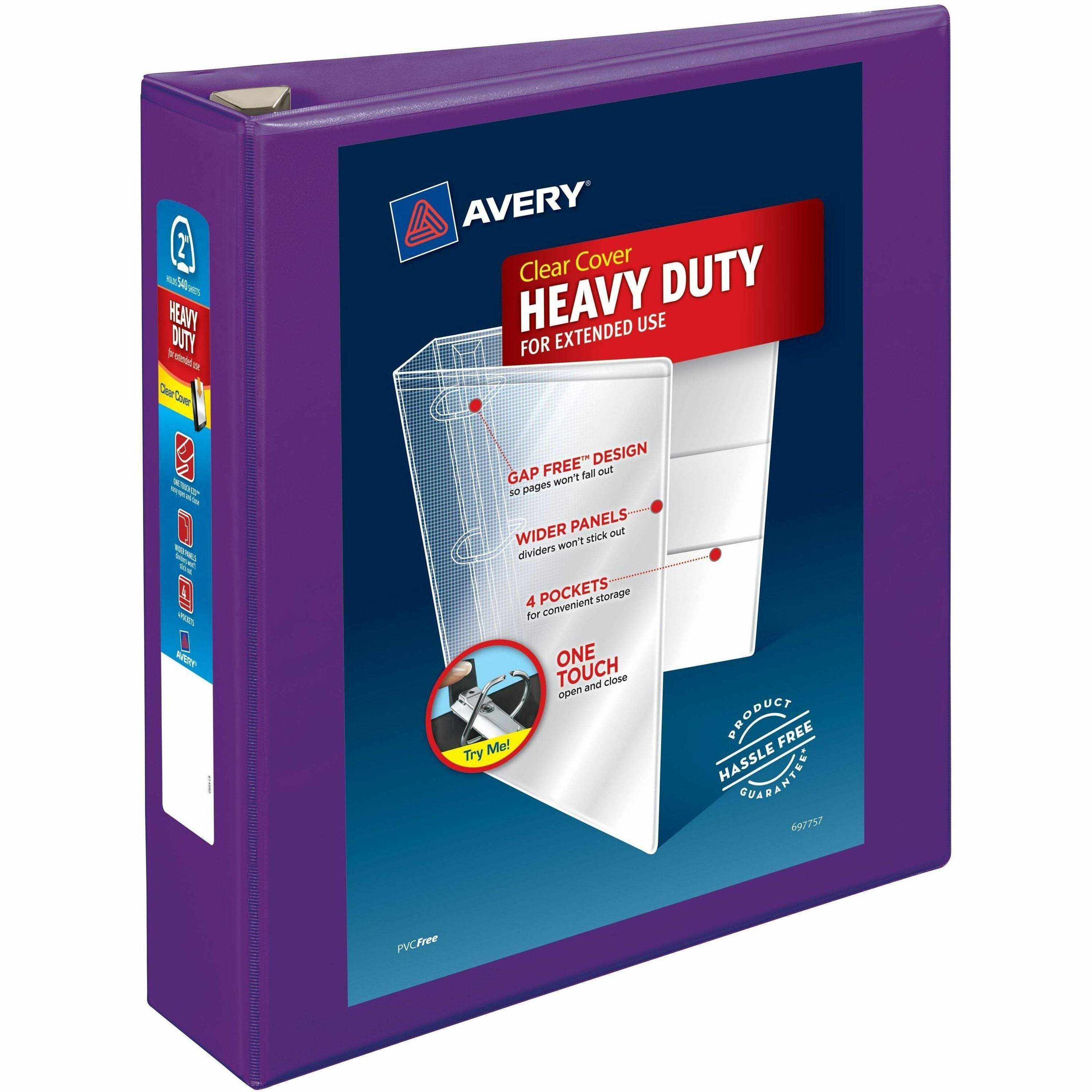 Avery&reg; One Touch Heavy-Duty View Binder - 2" Binder Capacity - Letter - 8 1/2" x 11" Sheet Size - 540 Sheet Capacity - 2 4/5" Spine Width - 2" Ring(s) - Fastener(s): D-Ring - Pocket(s): 4, Internal - Linen pattern - Purple - Recycled - Heavy Duty, ...