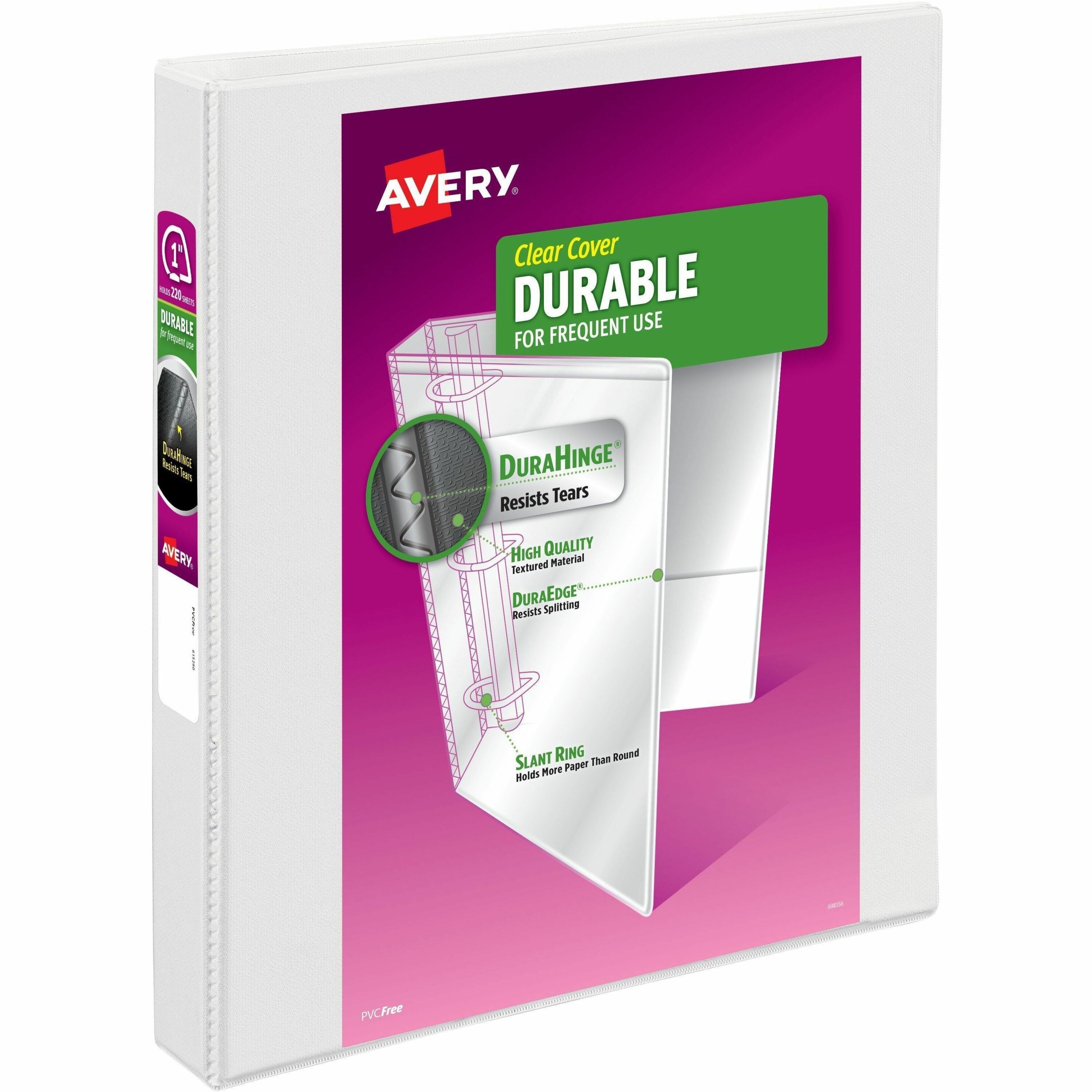 Avery&reg; DuraHinge Durable View Binder - 1" Binder Capacity - Letter - 8 1/2" x 11" Sheet Size - 250 Sheet Capacity - 1 2/5" Spine Width - 3 x 1" Ring(s) - Fastener(s): Slant Ring - Pocket(s): 2, Internal - Linen pattern - White - Recycled - Durable,...