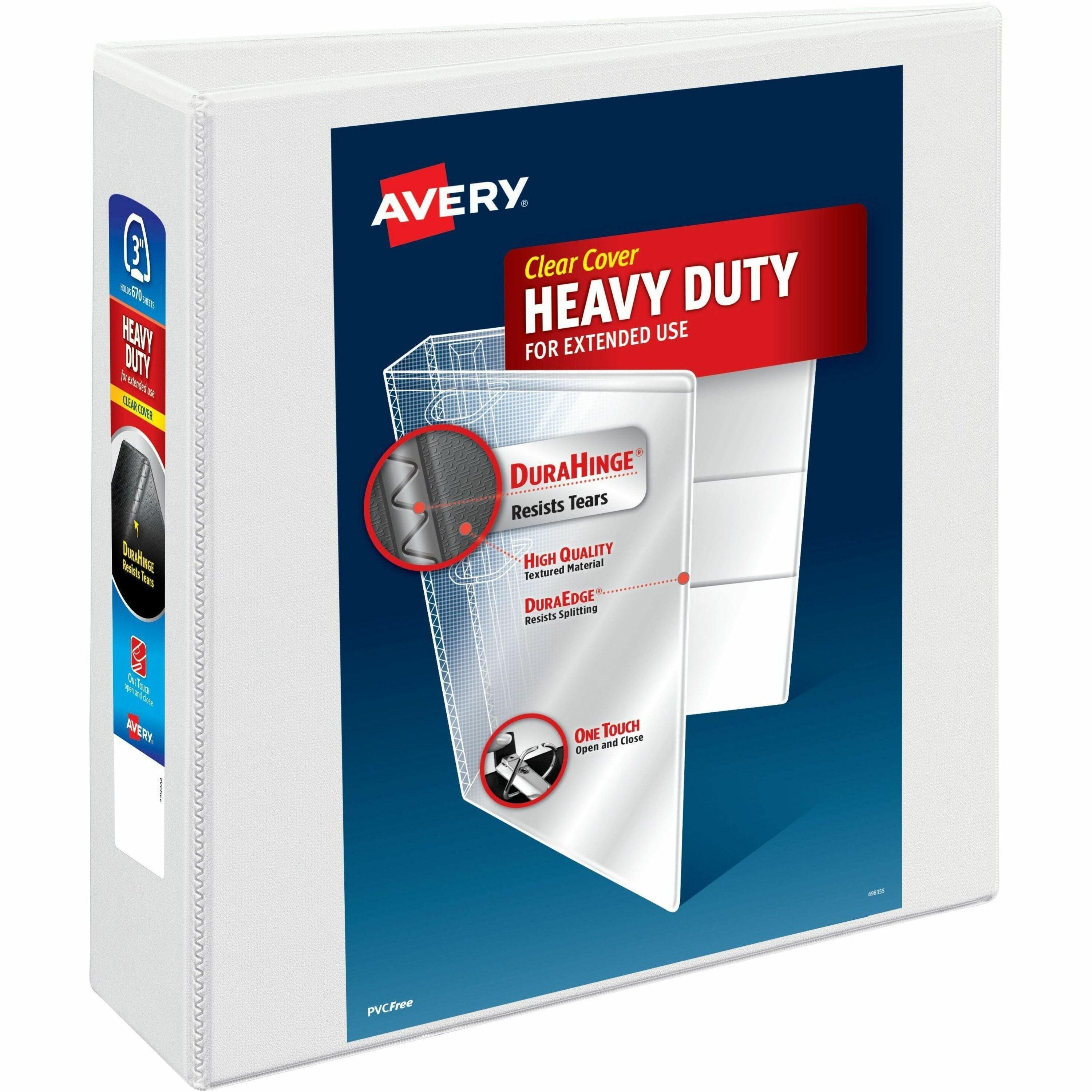 Avery&reg; One Touch Ring Heavy-Duty View Binder - 3" Binder Capacity - 670 Sheet Capacity - 3 1/2" Spine Width - 3 x 3" Ring(s) - Fastener(s): Slant D-Ring - Pocket(s): 4, Internal - Linen pattern - White - Recycled - Heavy Duty, One Touch Ring, Long ...