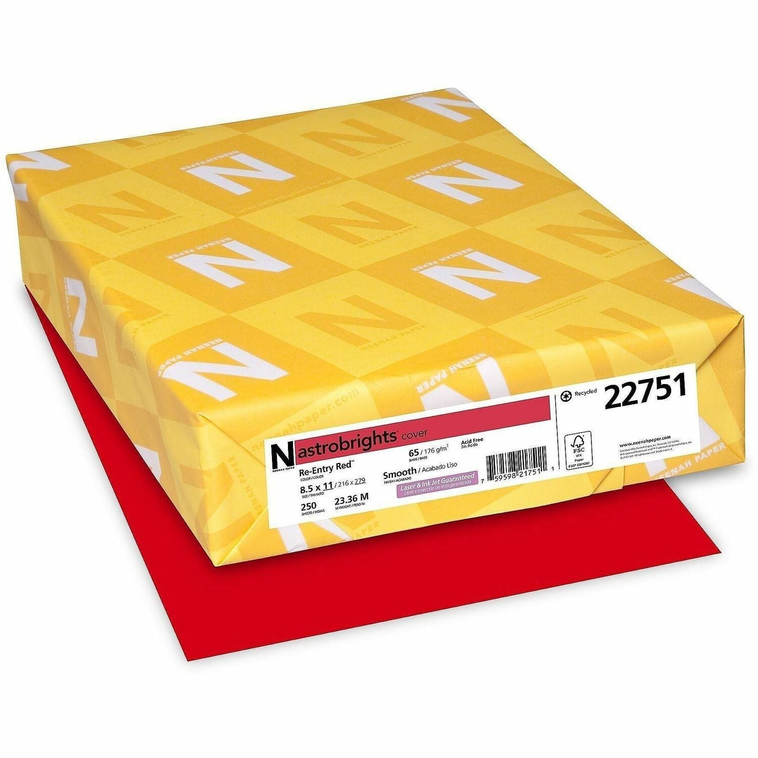 Wausau Paper AstroBrights 65 lb Cardstock - Letter - 8 1/2" x 11" - 65 lb Basis Weight - High-impact, Acid-free, Lignin-free, Long Lasting - Red - 8 / Carton