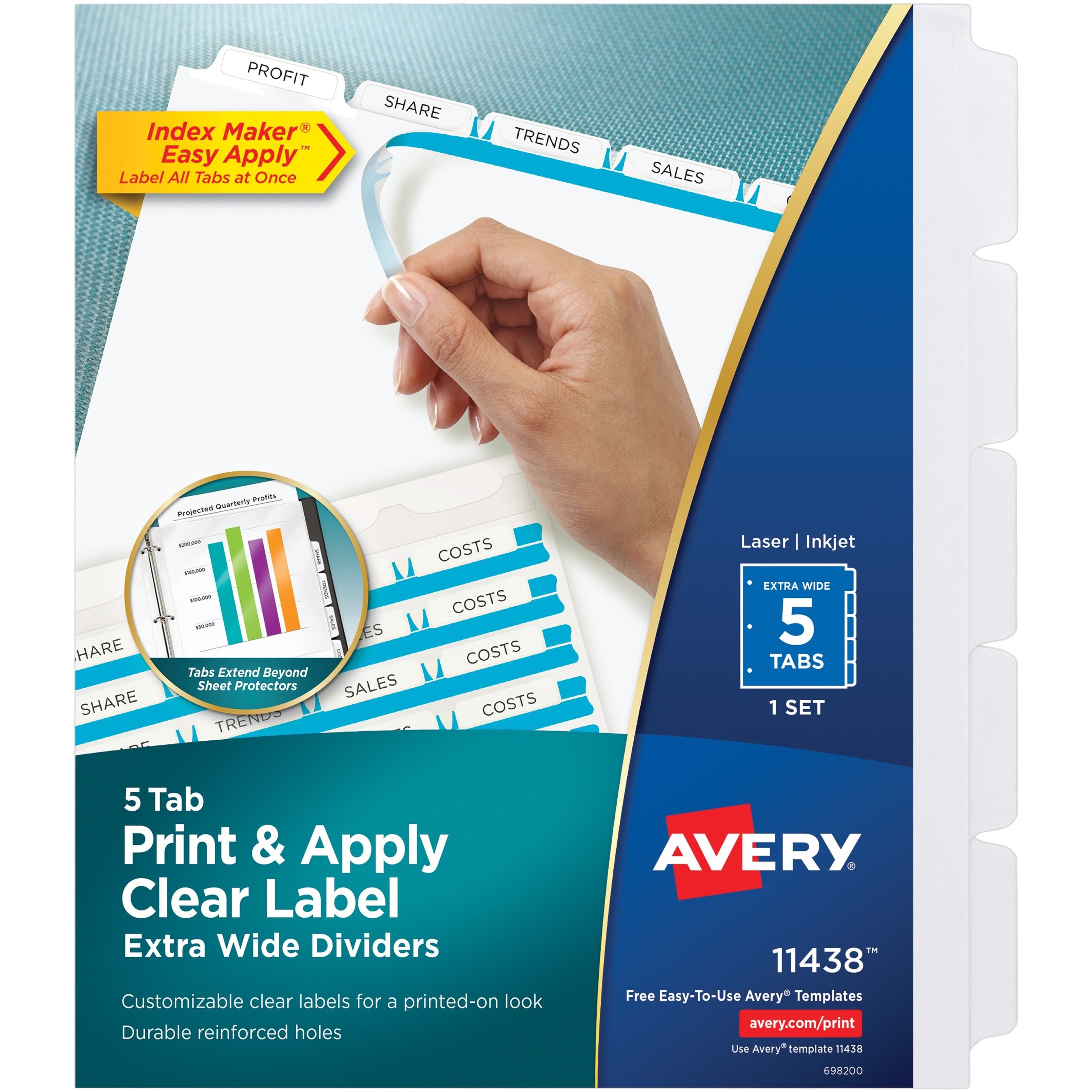 Avery&reg; Index Maker Index Divider - 5 x Divider(s) - 5 - 5 Tab(s)/Set - 9.3" Divider Width x 11.25" Divider Length - 3 Hole Punched - White Paper Divider - White Paper Tab(s) - Reinforced Tab, Hole-punched, Printable, Customizable, Durable, Extra Wi...
