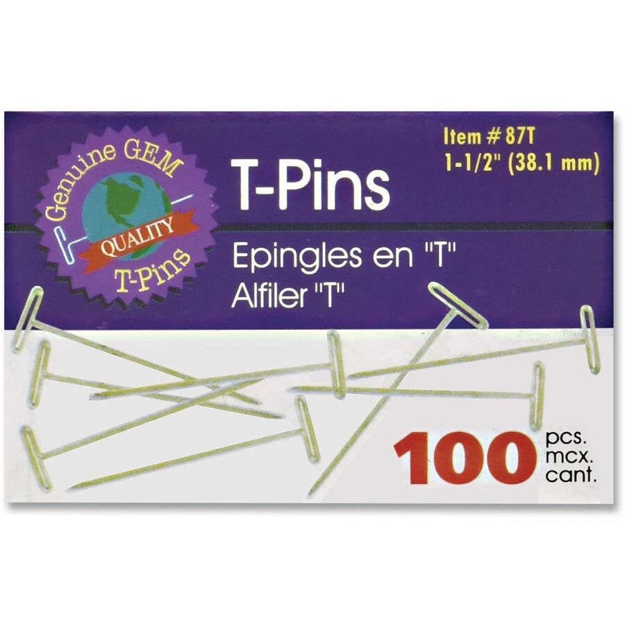 Gem Office Products T-pins - 1.5" Length - Nickel - Steel - 100 / Box
