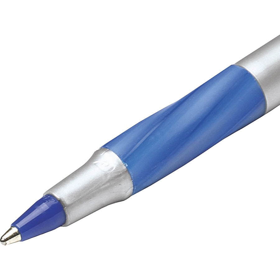 BIC Fine Point Round Stic Pens - Fine Pen Point - Blue Ink - Gray Barrel - 1 Dozen