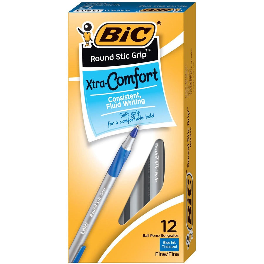 BIC Fine Point Round Stic Pens - Fine Pen Point - Blue Ink - Gray Barrel - 1 Dozen
