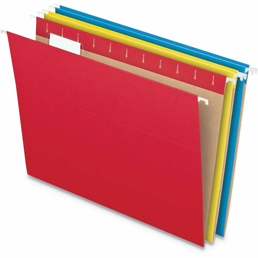 Pendaflex Essentials 1/5 Tab Cut Letter Recycled Hanging Folder - 8 1/2" x 11" - Yellow, Red, Blue - 100% Recycled - 25 / Box