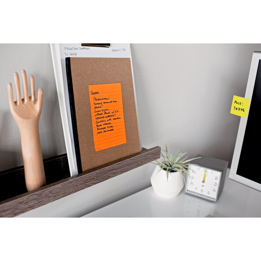 Post-it&reg; Super Sticky Lined Notes - Energy Boost Color Collection - 180 - 5" Flag/Note Width x 8" Flag/Note Length - Rectangle - 45 Sheets per Pad - Ruled - Vital Orange, Tropical Pink, Blue Paradise, Limeade - Paper - Self-adhesive - 4 / Pack