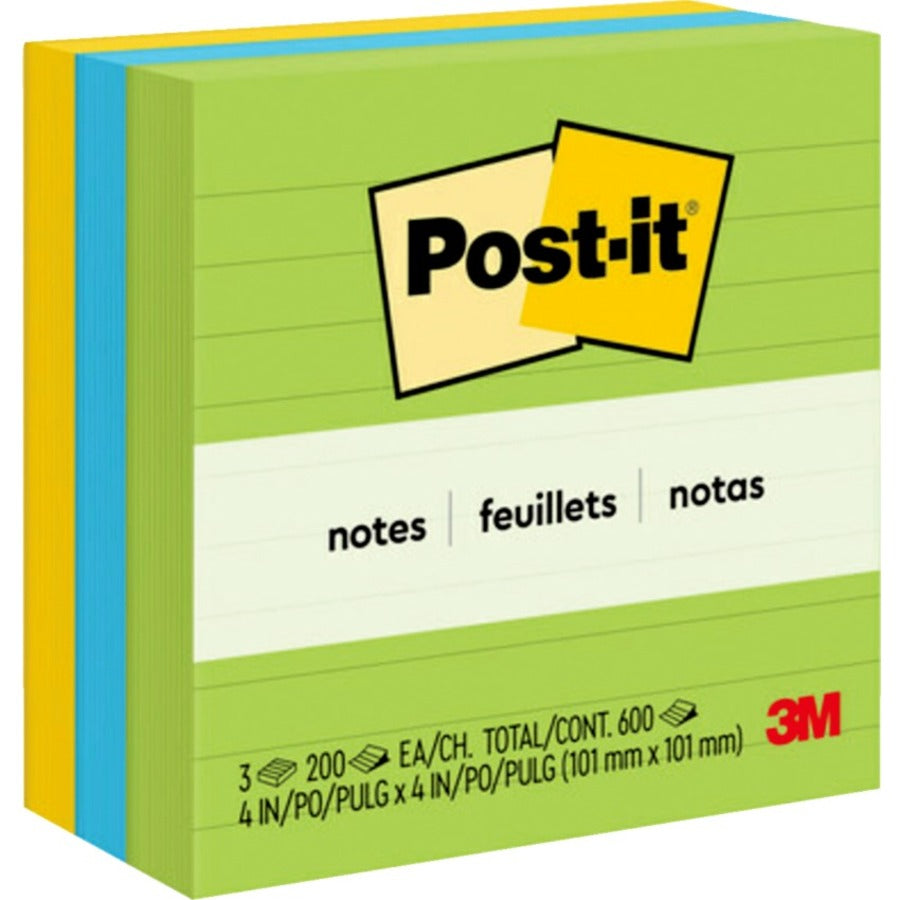 Post-it&reg; Lined Notes in Ultra Colors - 600 - 4" Flag/Note Width x 4" Flag/Note Length - Square - Ruled - Ultra Assorted - Self-adhesive, Repositionable - 3 / Pack