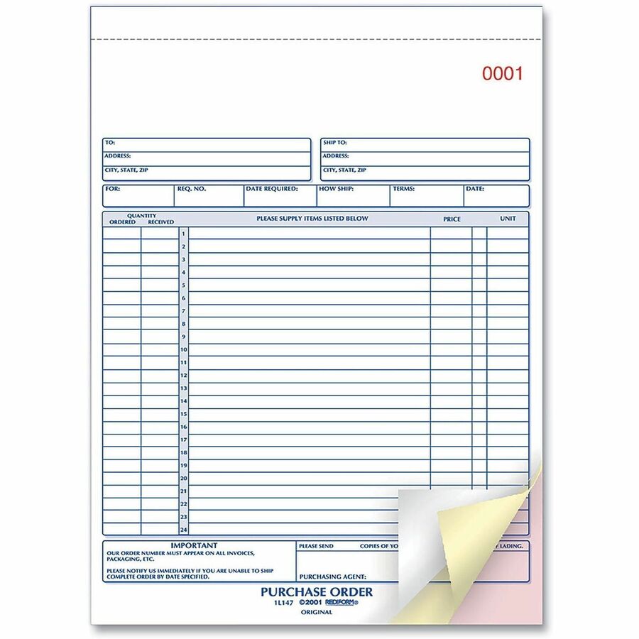 Rediform 2-part Carbonless Purchase Order Book - 3 Part - 8.50" x 11" Sheet Size - White, Canary, Pink - White Sheet(s) - 1 Each
